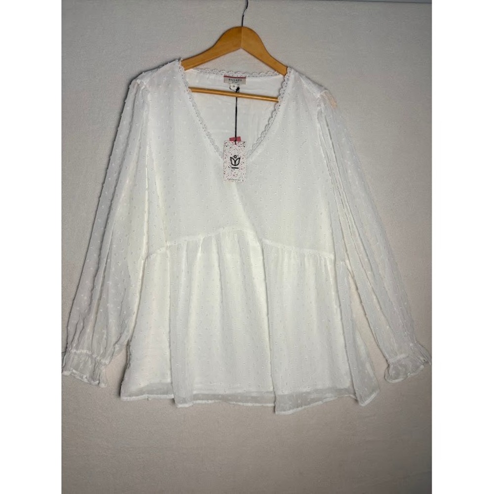 Andree by Unit Swiss Dot Blouse Womens 2X White NWT Lace Trim Peplum Top